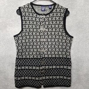 Vintage Gap Sweater Vest Women Medium Black Wool Granny Fair Isle Clasp Academia